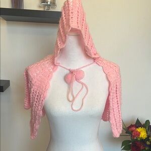 Handmade Pink Crochet Baby Girl Hooded Sweater Cardigan With Pompoms